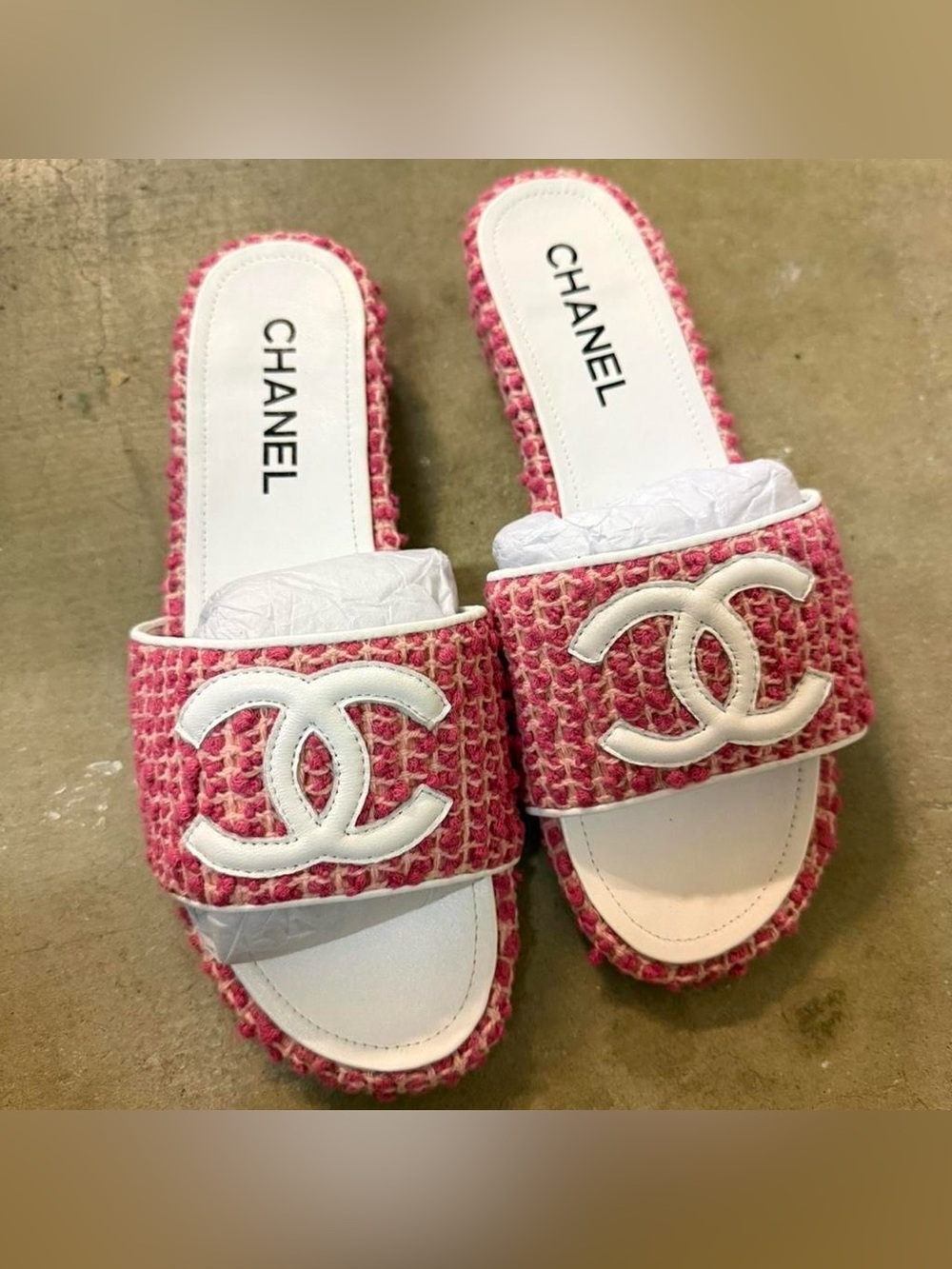 Chanel Pink Tweed Slide Sandals - White Logo